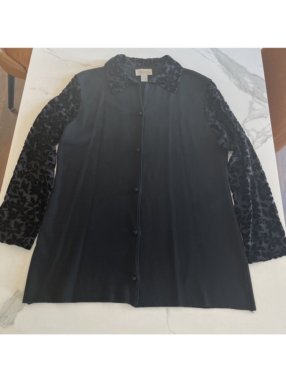 Victoria D'Angelo Silk Cashmere Cardigan w/ Velvet Floral Detail Sweater Black L